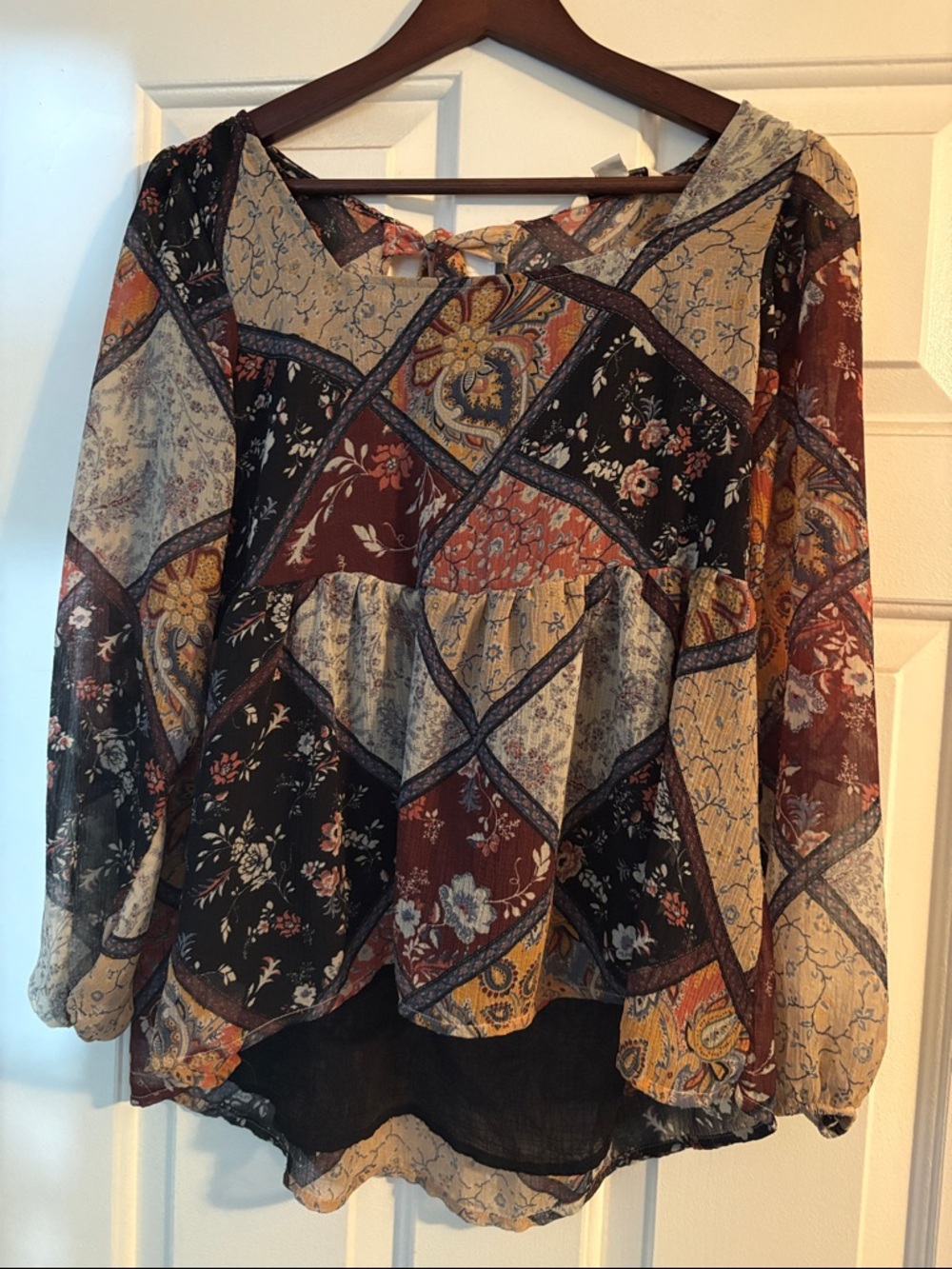 Patchwork Floral Peasant Blouse - Multicolor